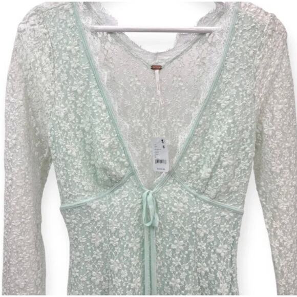 (S) NWT Free People Petra Lace Long Sleeve Mini Dress Billowing Sail Mint - Picture 7 of 8